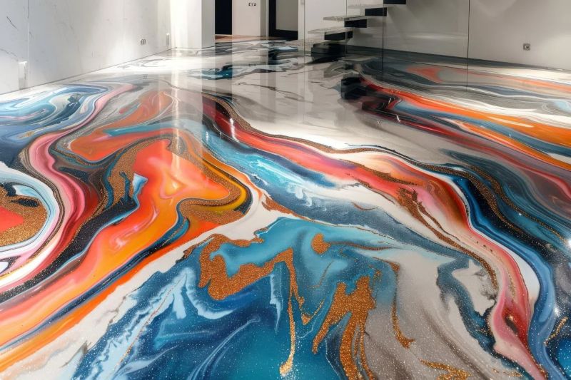 Şeffaf epoksi reçine ile yapılan renkli zemin kaplama uygulaması