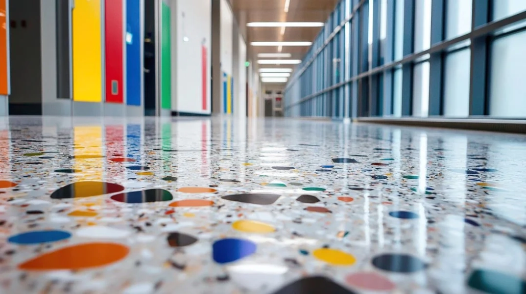 Epoksi kaplama ile yapılmış renkli ve parlak okul koridoru zemin uygulaması
