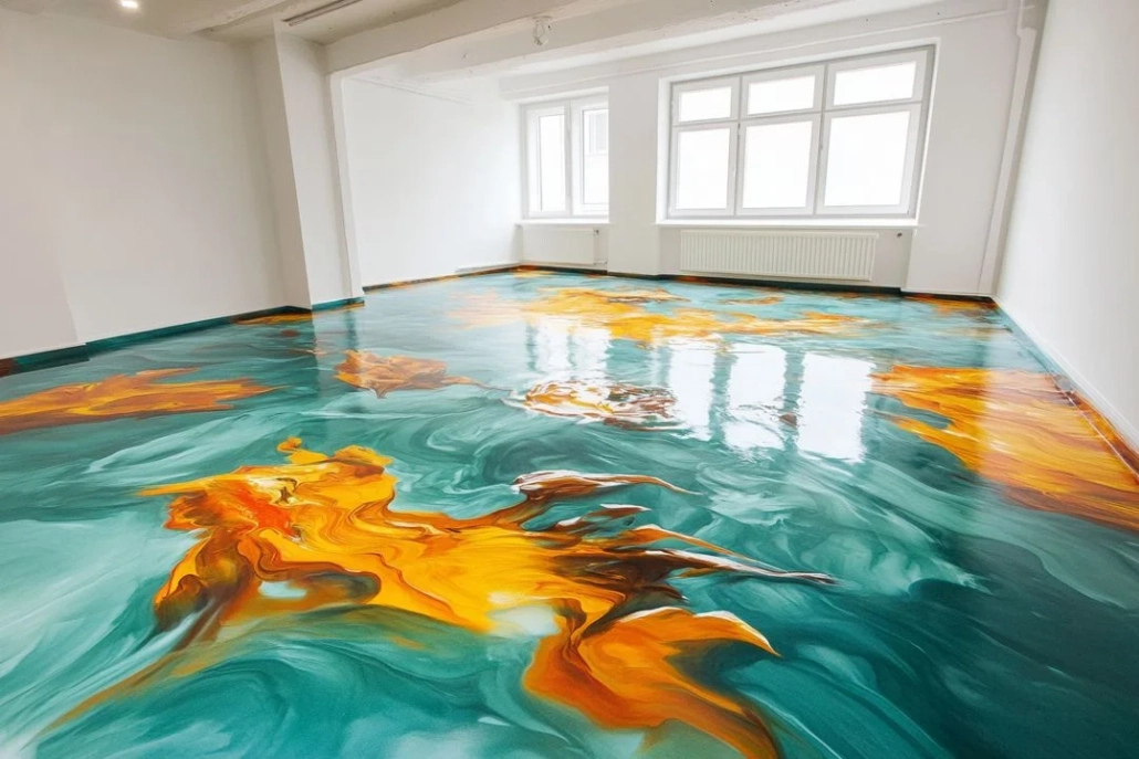 3D epoksi zemin kaplama ev iç mekân uygulaması, dekoratif ve parlak epoksi zemin tasarımı